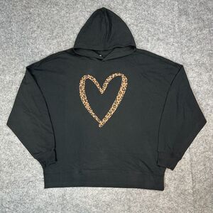 Instant Message Womens 2XL Black Hoodie Leopard Print Heart Fleece Sweatshirt